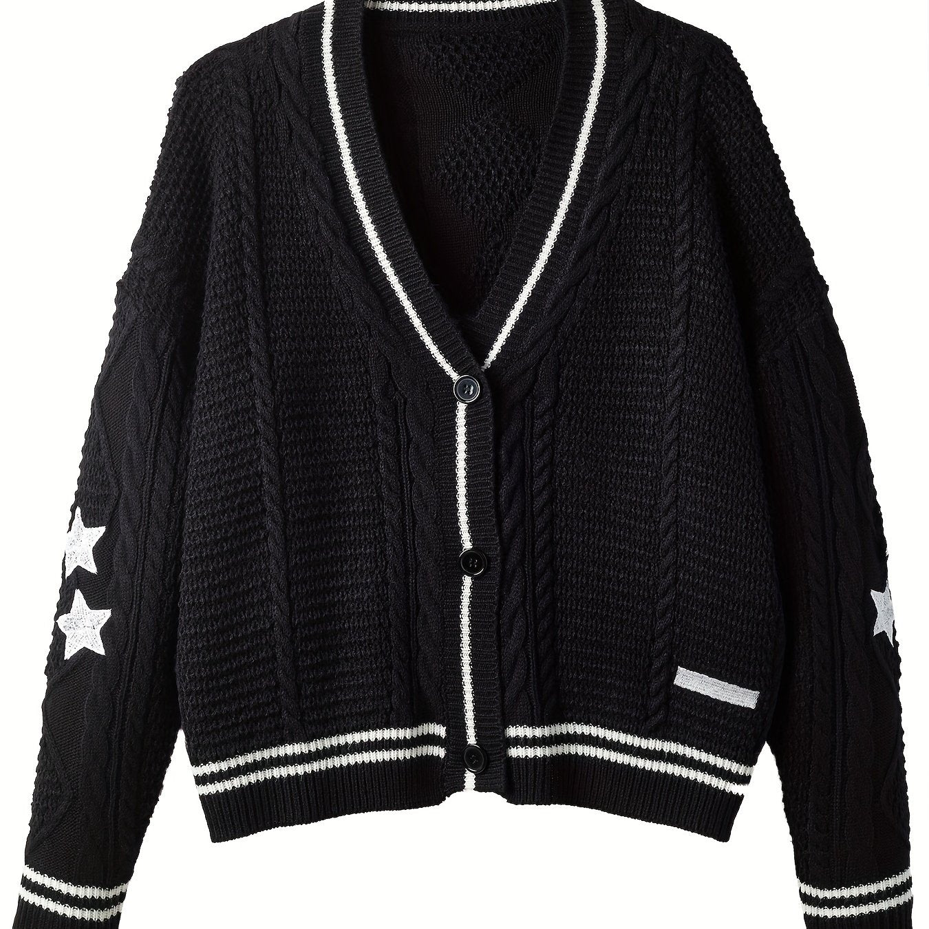 vlovelaw Star Pattern Contrast Side Cardigan, Casual Long Sleeve Cardigan For Fall & Winter, Women's Clothing