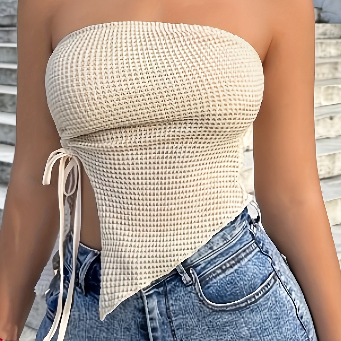 vlovelaw Asymmetrical Hem Tube Top, Y2K Strapless Drawstring Top, Women's Clothing