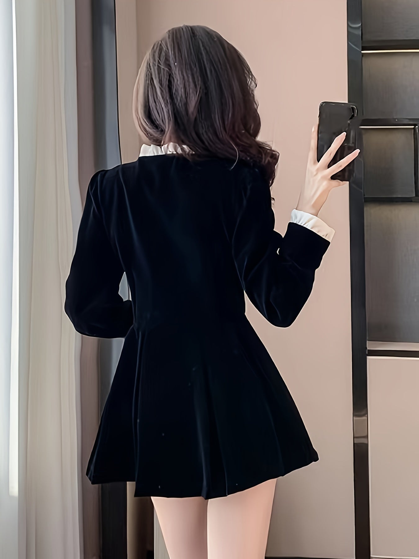 vlovelaw Solid Button Front Waist Velvet Dress, Elegant Long Sleeve Frill Trim Dress, Women's Clothing