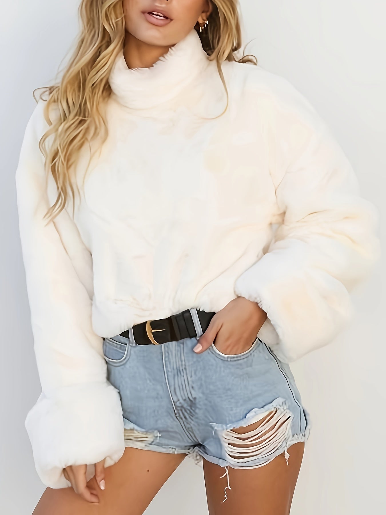 vlovelaw Solid Faux Fur Turtle Neck Sweatshirt, Thermal Long Sleeve Top For Fall & Winter, Women's Clothing