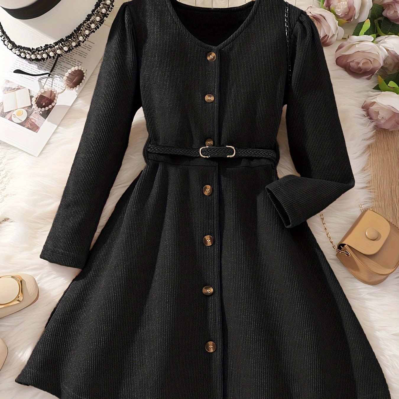 Girl's Elegant Textured Button Up Maxi Dress For Spring/autumn, Kids Clothing