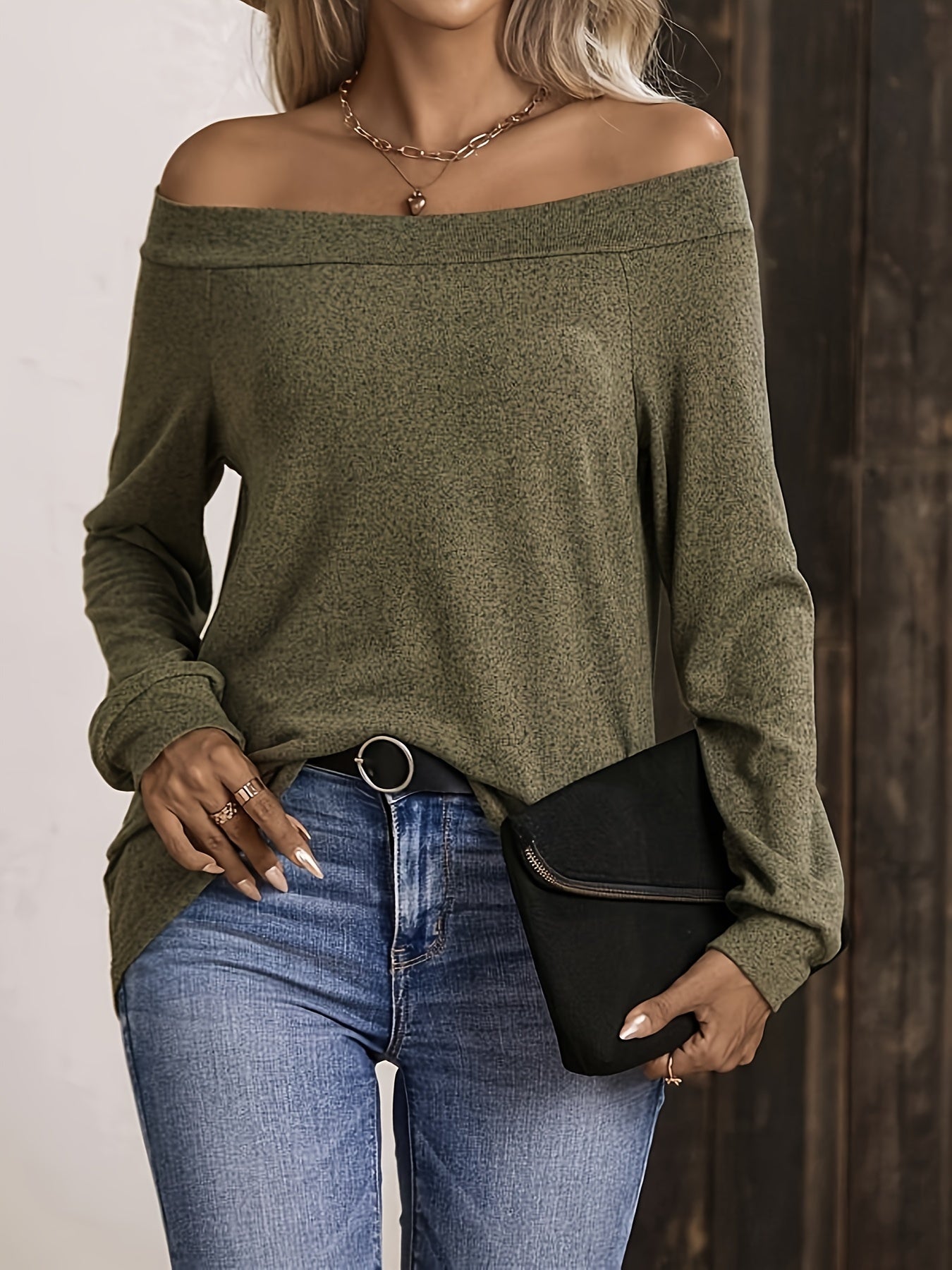 vlovelaw  Off Shoulder Solid T-Shirt, Casual Long Sleeve Top For Spring & Fall, Women's Clothing