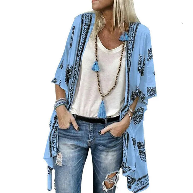 Womens Blouses Shirts Boho Printed Cardigan Shirt Autumn Spring Fashion Kimono Long Sleeve Beach Cover Tops Ladies Plus Size 5XL 230509