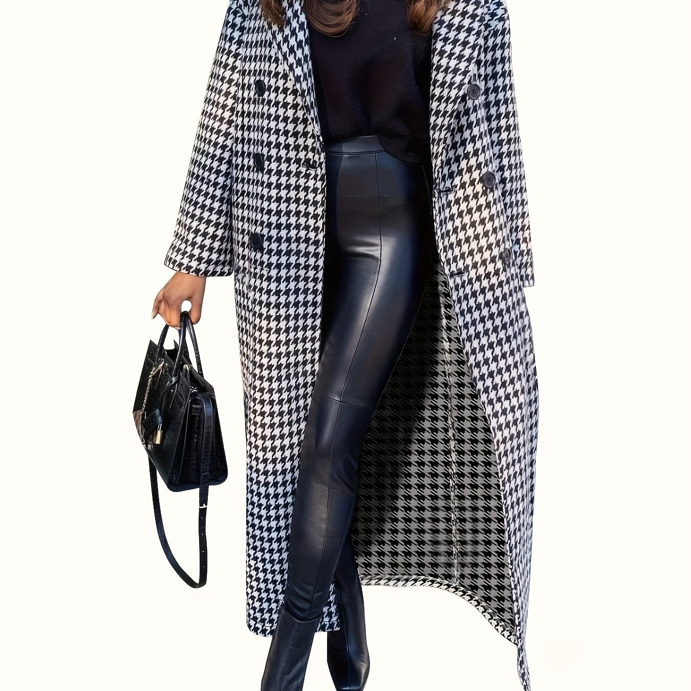 Houndstooth Print Pea Coat, Elegant Double Breasted Long Sleeve Outerwear, Women's Clothing