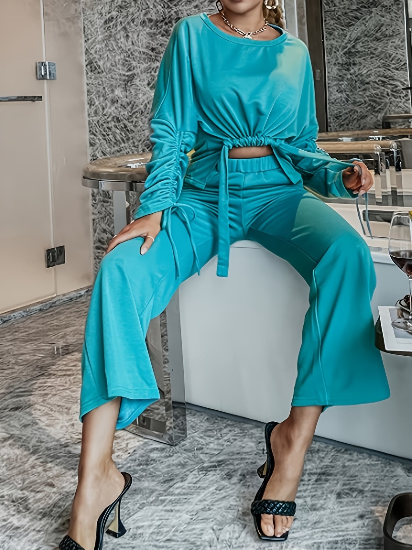 vlovelaw Sexy Solid Pantsuits Two-piece Set, Round Neck Pleated Tops & Loose Wide Leg High-waisted Pants Set, Women's Clothing