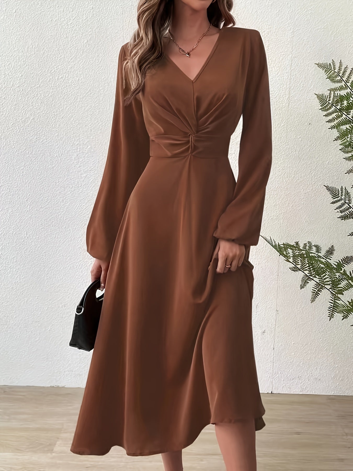 vlovelaw Twist Front Lantern Sleeve Dress, Chic V Neck A-line Dress For Spring & Fall, Women's Clothing