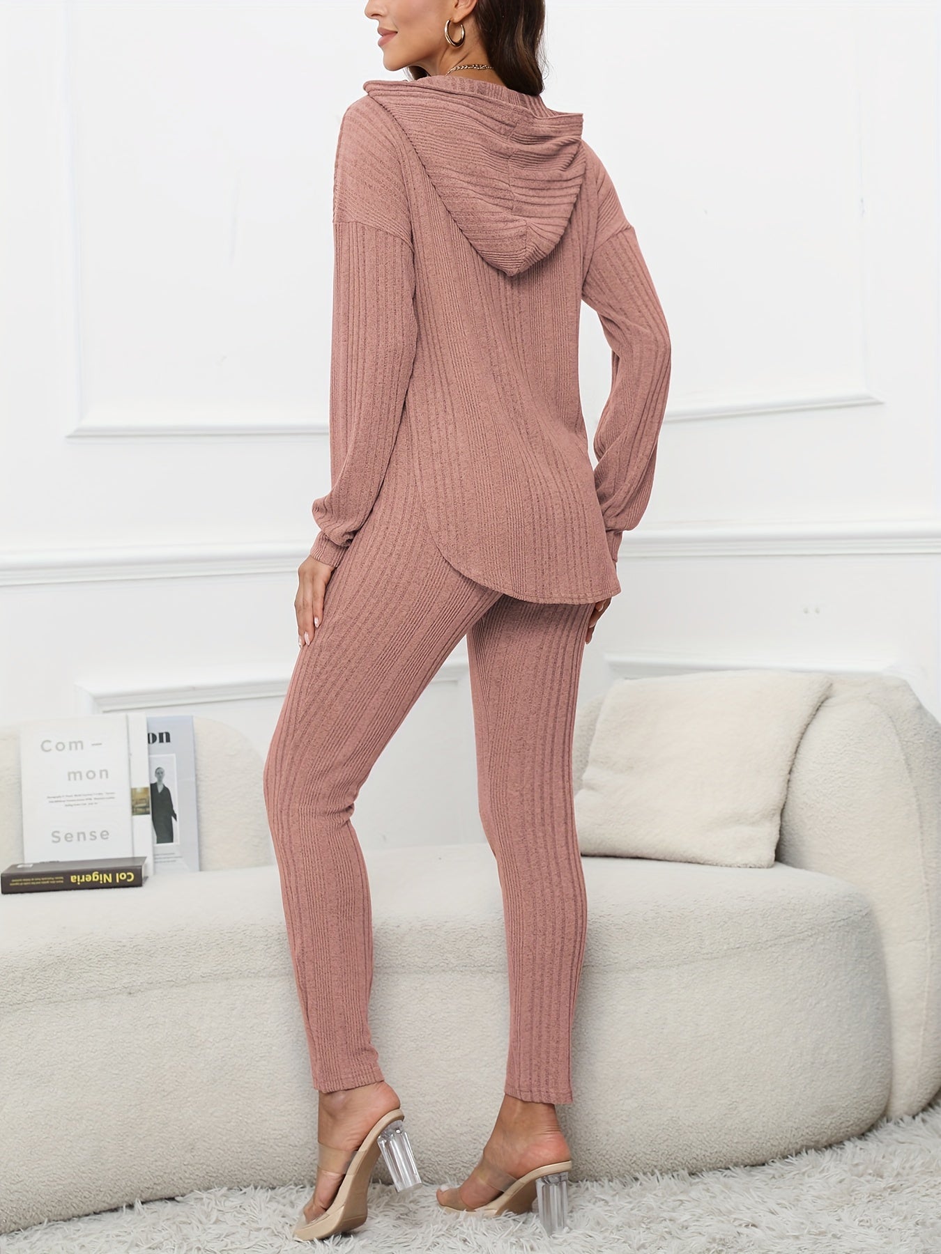 Solid Casual Knitted Two-piece Set, Long Sleeve Split Hooded Top & Skinny Pants Outfits, Women's Clothing
