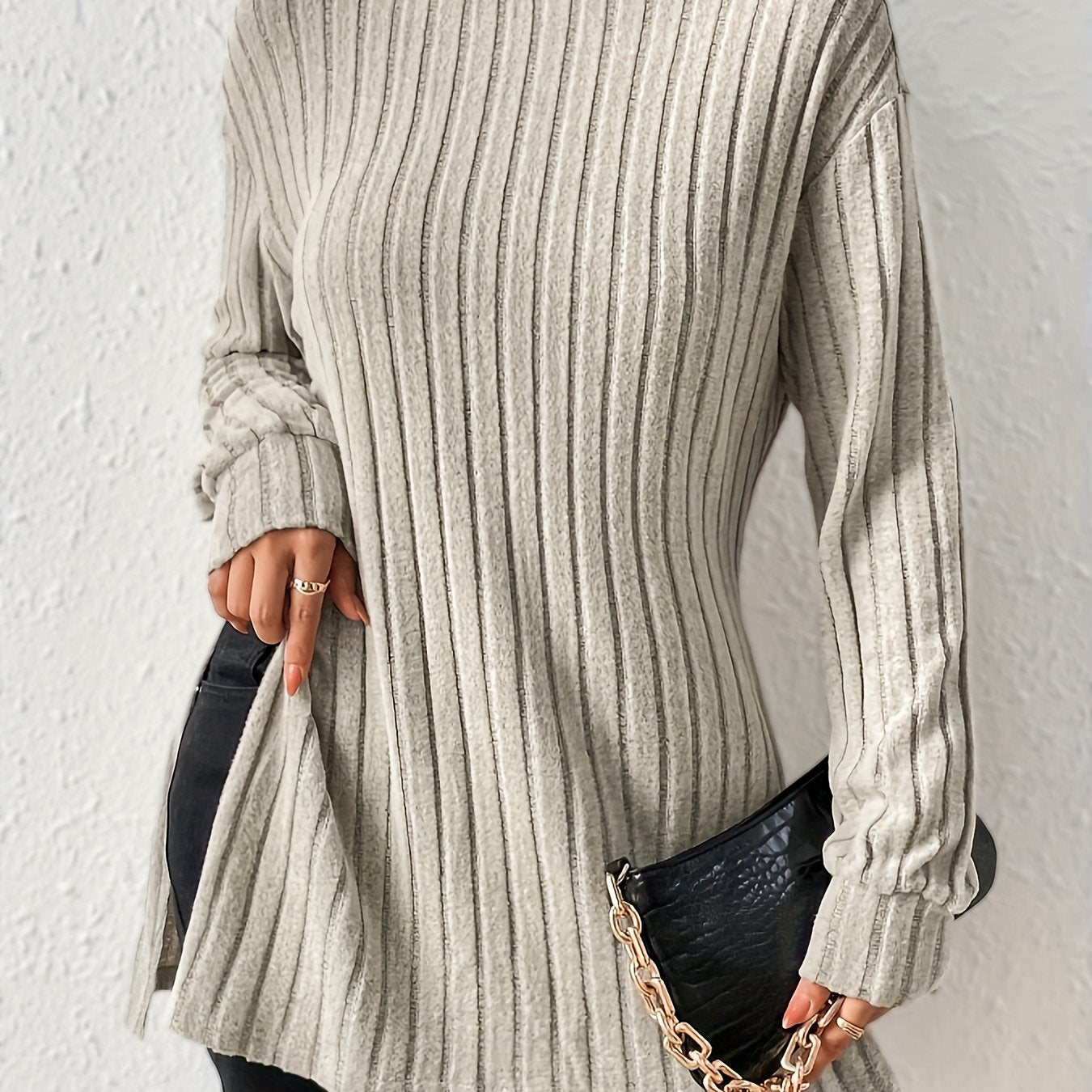 Ribbed Turtleneck Split Hem T-Shirt, Casual Long Sleeve Top For Spring & Fall, Women's Clothing