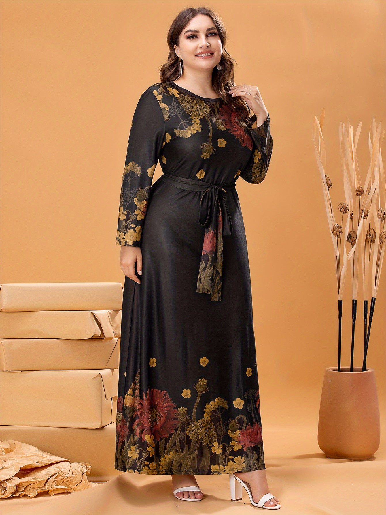 Plus Size Elegant Dress, Women's Plus Floral Print Long Sleeve Round Neck Maxi Dress With Belt