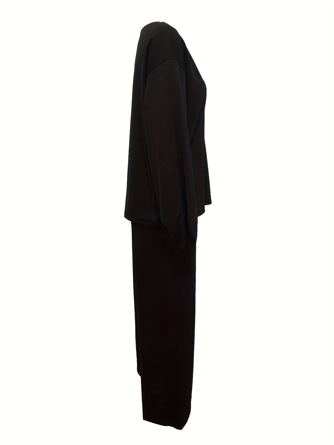 vlovelaw Casual Solid Two-piece Set, V Neck Long Sleeve Top & Wide Leg Pants Outfits, Women's Clothing