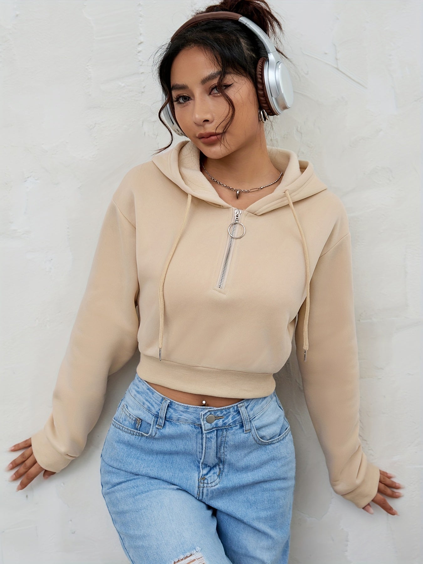 Solid Half Zip Crop Hoodie, Casual Long Sleeve Drawstring Hoodies Sweatshirt, Women's Clothing