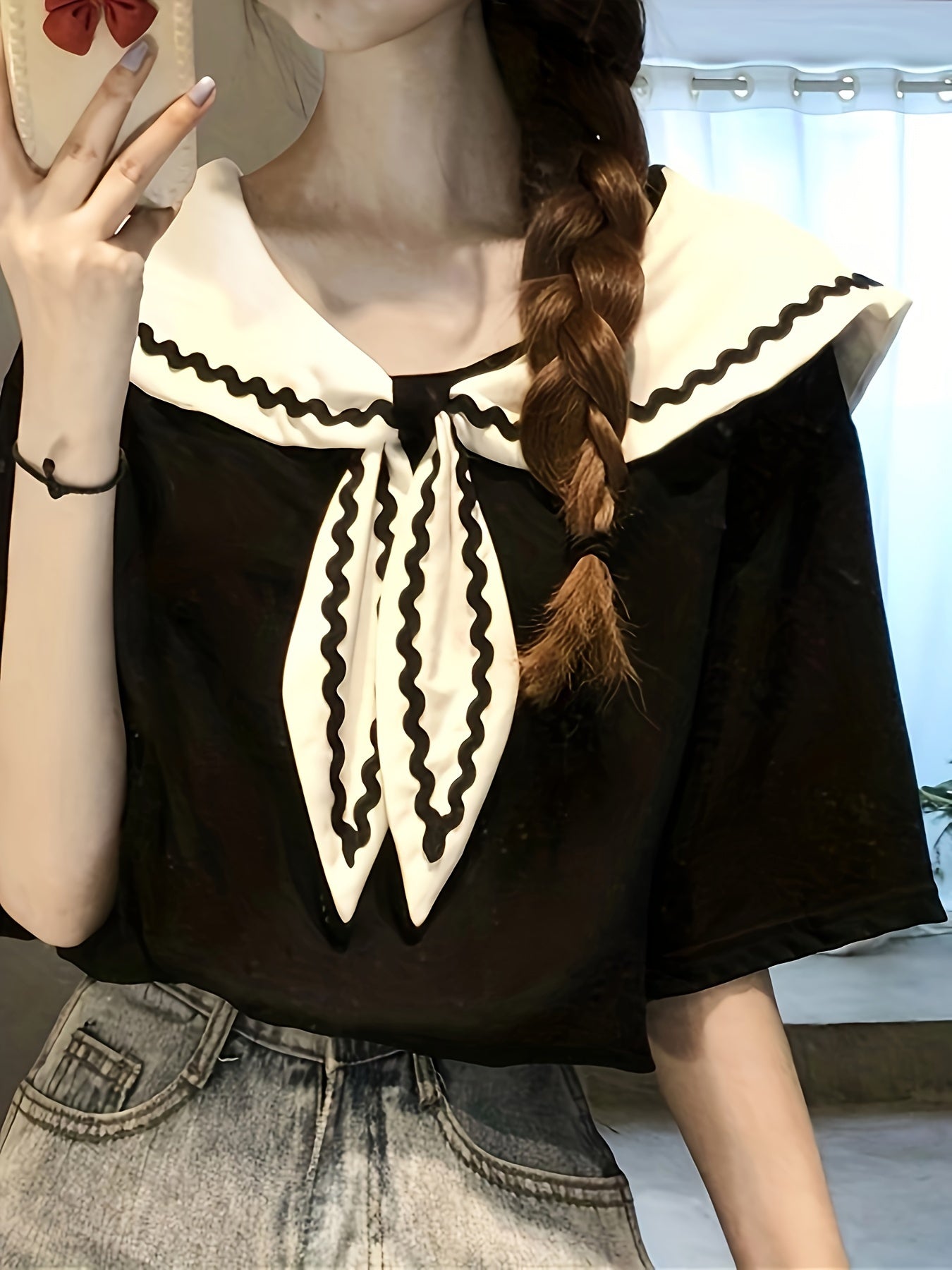 vlovelaw Color Block Sailor Collar T-Shirt, Casual Short Sleeve Top For Spring & Summer, Women's Clothing