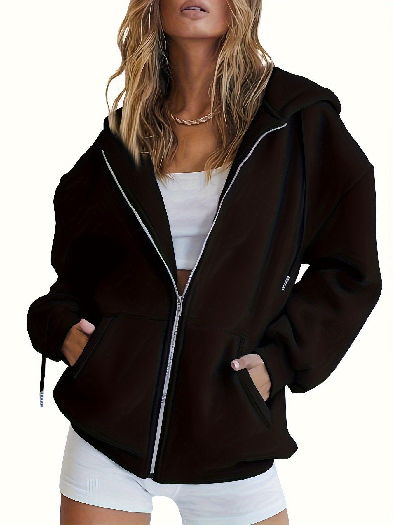 vlovelaw Solid Zip Up Pocket Hoodie, Casual Long Sleeve Drawstring Hoodies Sweatshirt, Women's Clothing
