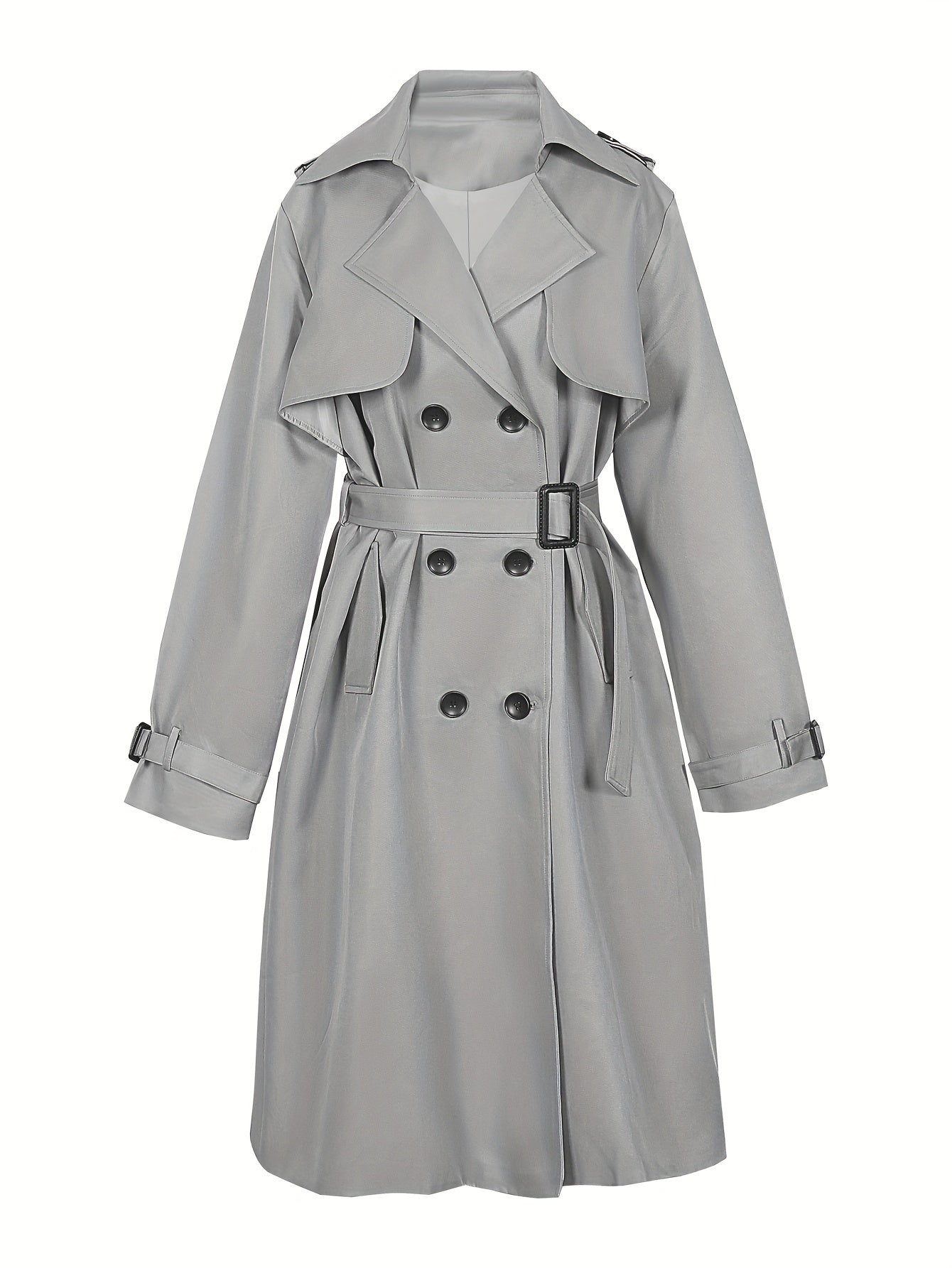 vlovelaw Plus Size Casual Coat, Women's Plus Solid Long Sleeve Lapel Collar Double Button Buckle Overcoat With Belt