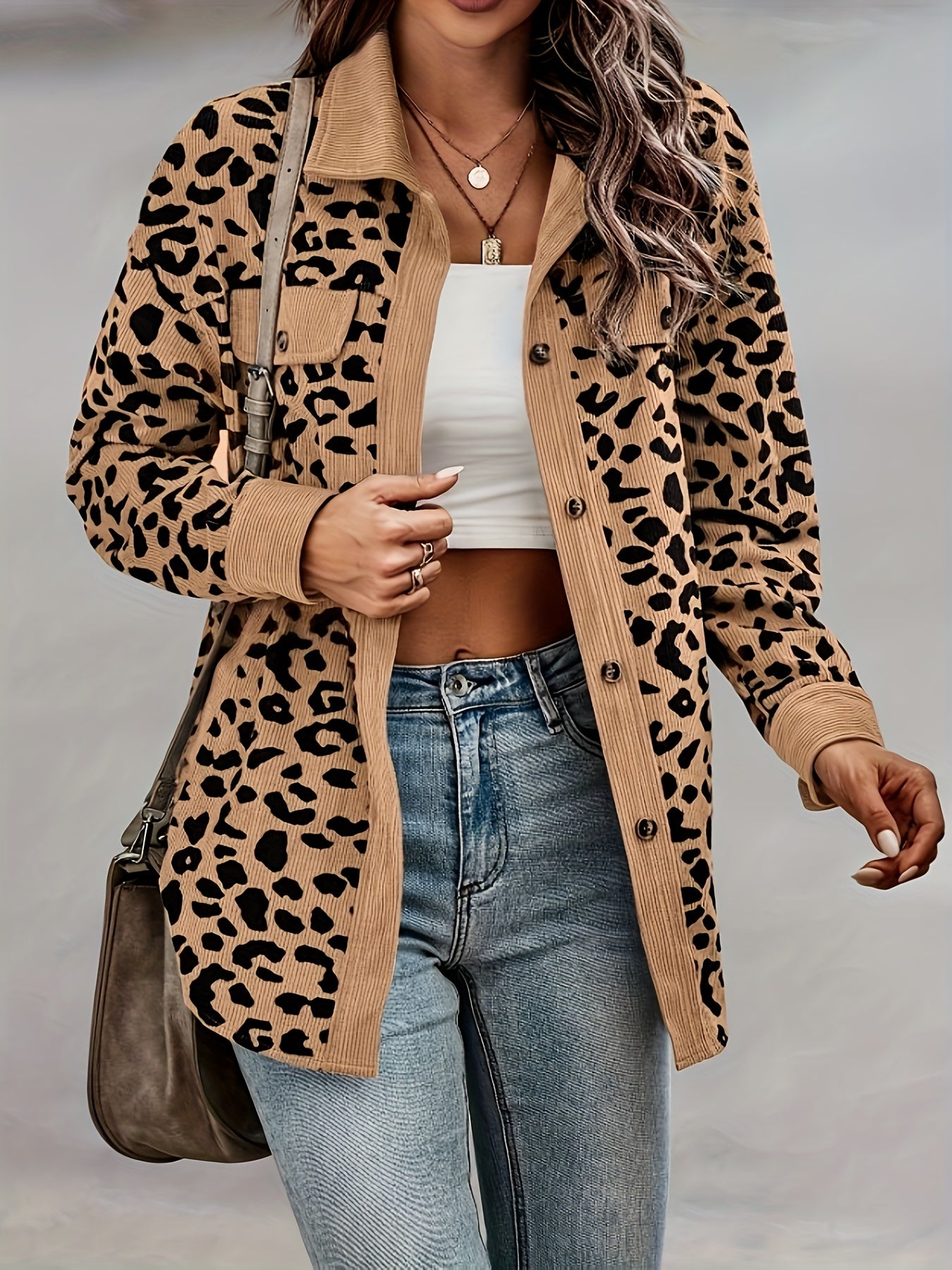 vlovelaw Leopard Print Shacket Jacket, Casual Button Front Turn Down Collar Long Sleeve Outerwear, Women's Clothing
