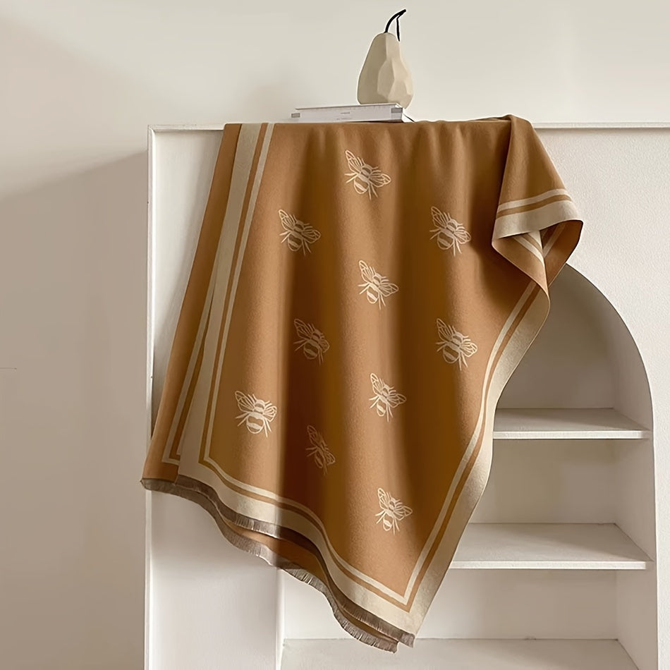 Bee Jacquard Scarf - Timeless Elegant Style, Ultra-Soft, Warm and Cozy, Fashionable Fringe, Windproof and Coldproof - Perfect for Autumn and Winter, Versatile Shawl Design, Cozy Blanket Scarf