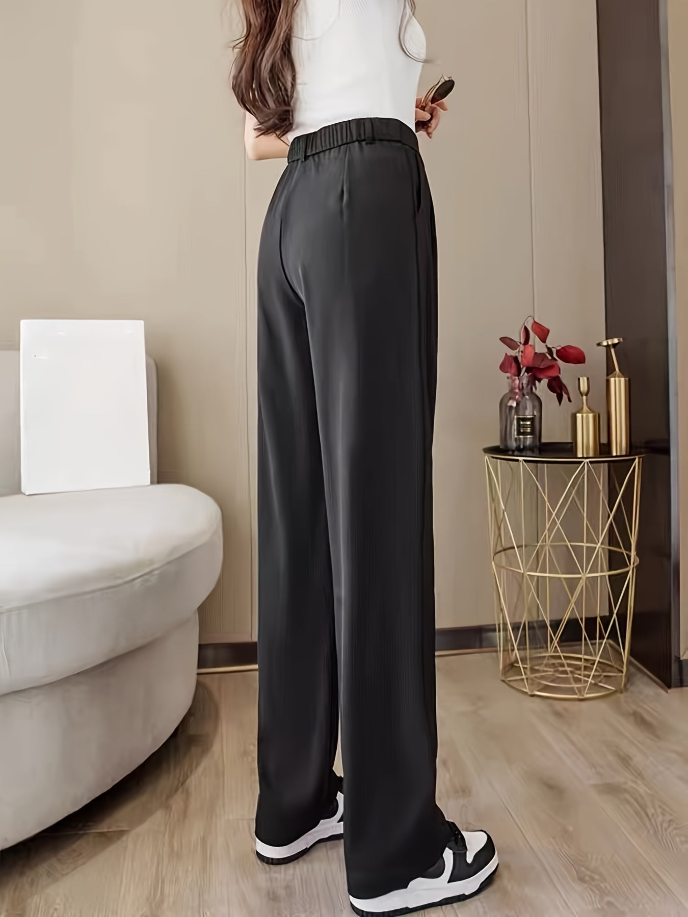 vlovelaw Solid High Waist Draped Long Length Pants, Casual Loose Spring & Autumn Pants, Women's Clothing