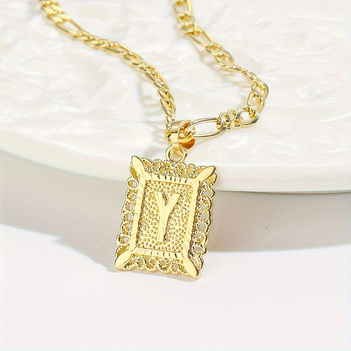 18K Gold Plated Square Monogram Pendant Necklace - Fashionable Personalized Alphabet Letter A-Z Figaro Chain Necklace for Men and Women - Copper Material, No Magnetic, No Mosaic, Plating-Free, Stylish Jewelry for Any Occasion