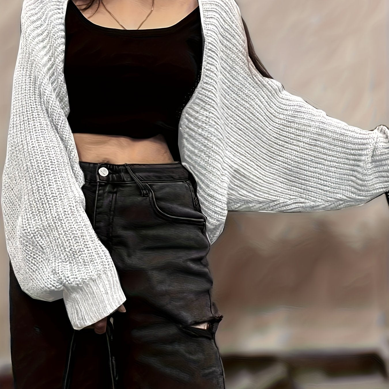 vlovelaw Solid Open Front Crop Cardigan, Casual Loose Long Sleeve Cardigan For Spring & Fall, Women's Clothing