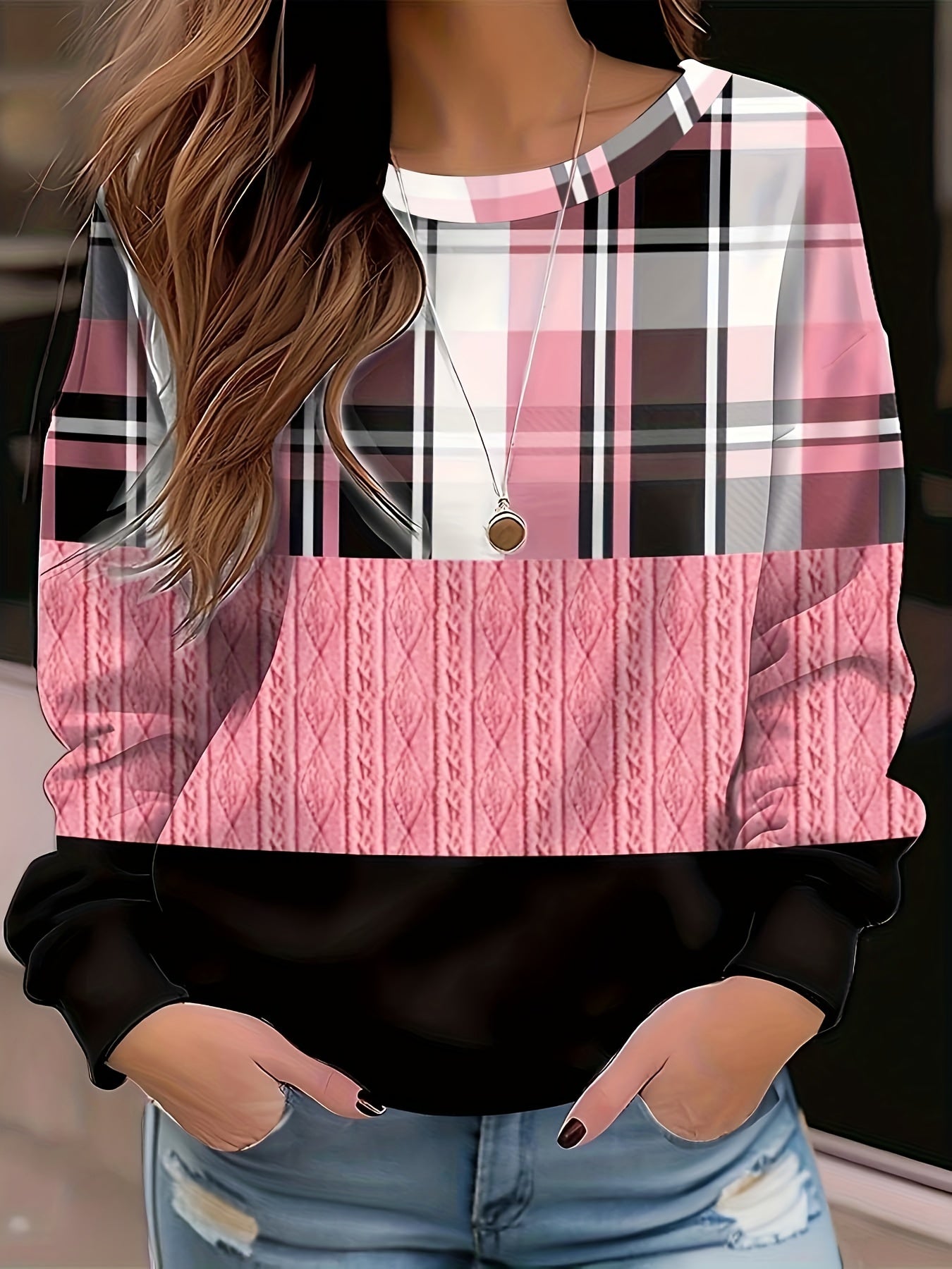vlovelaw Color Block Plaid Print Sweatshirt, Casual Crew Neck Long Sleeve Sweatshirt, Women's Clothing