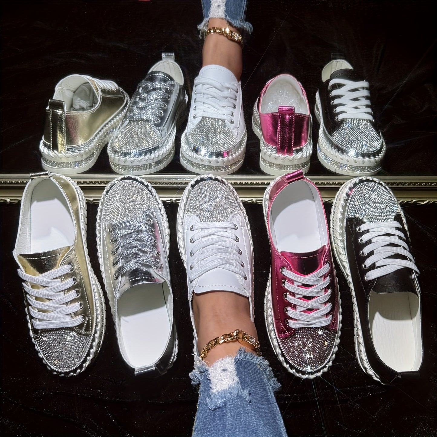 vlovelaw Women's Rhinestone Flat Sneakers, Fashion Round Toe Lace Up Low Top Skate Shoes, All-Match Outdoor Trainers