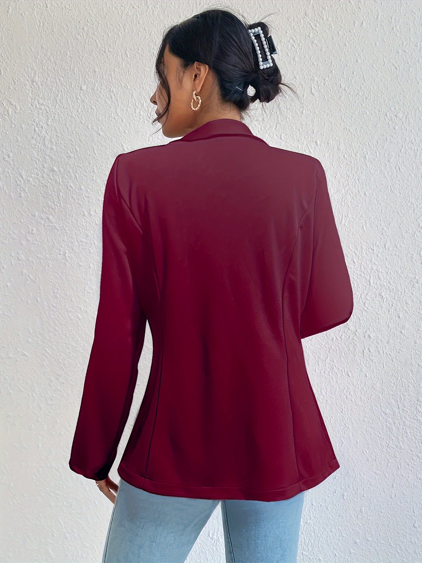 Plus Size Casual Blazer, Women's Plus Solid Three Quarter Sleeve Lapel Collar Single Breasted Blazer Jacket