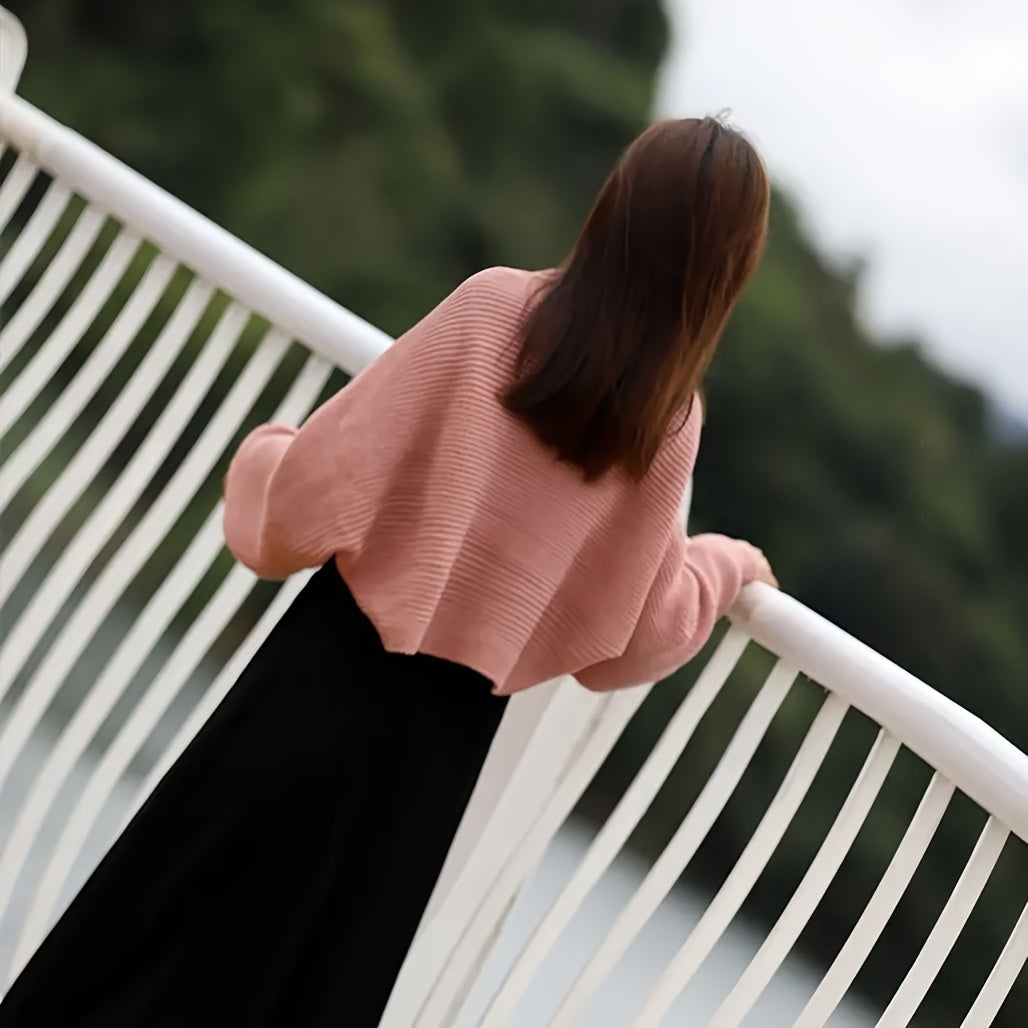 vlovelaw Solid Color Knitted Shawl, Leisure Style Batwing Sleeves Cardigan, Autumn Winter Thick Coldproof Warm Wrap For Women