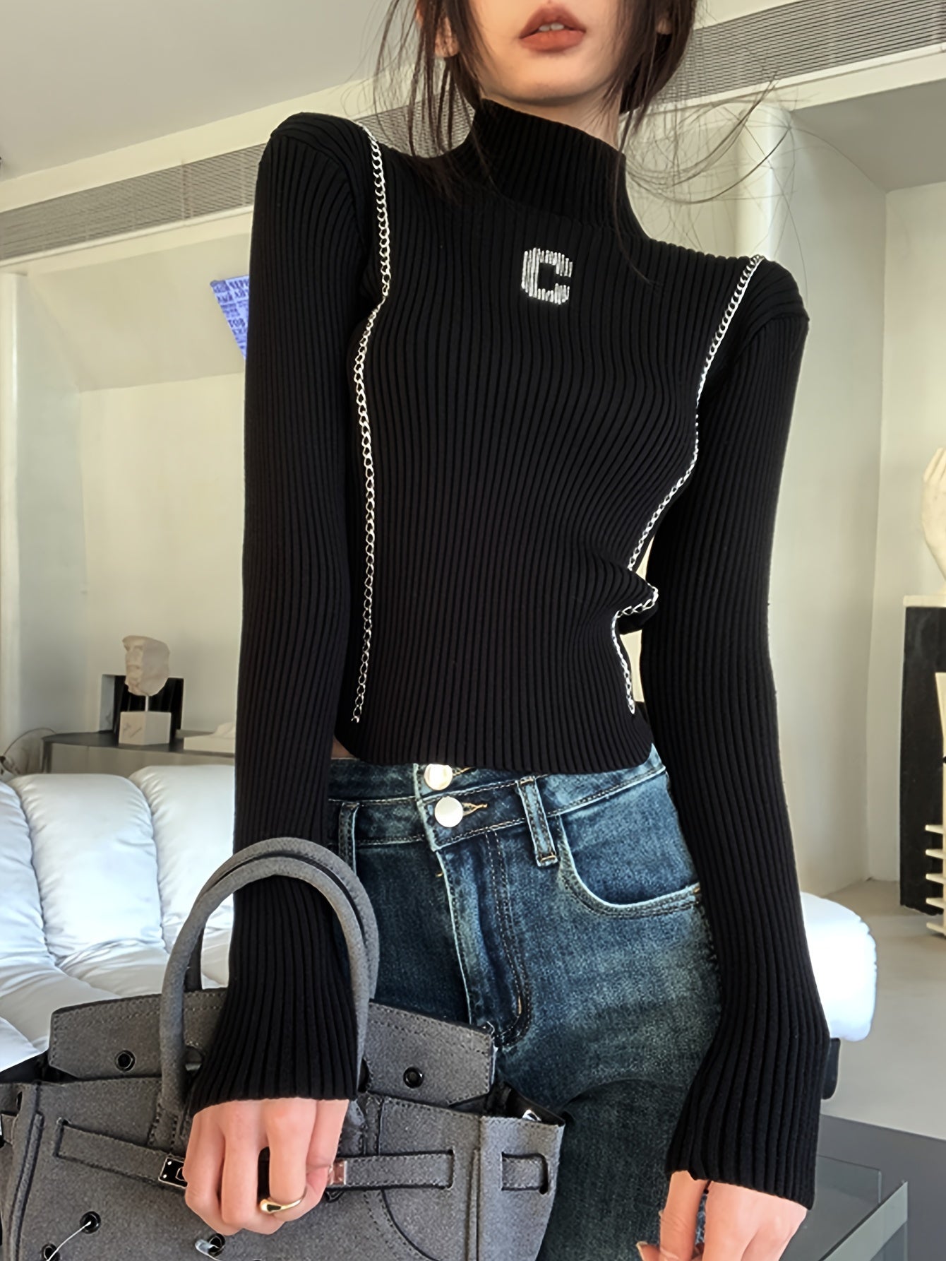 vlovelaw vlovelaw Letter Pattern Contrast Trim Sweater, Casual Long Sleeve Mock Neck Top, Women's Clothing