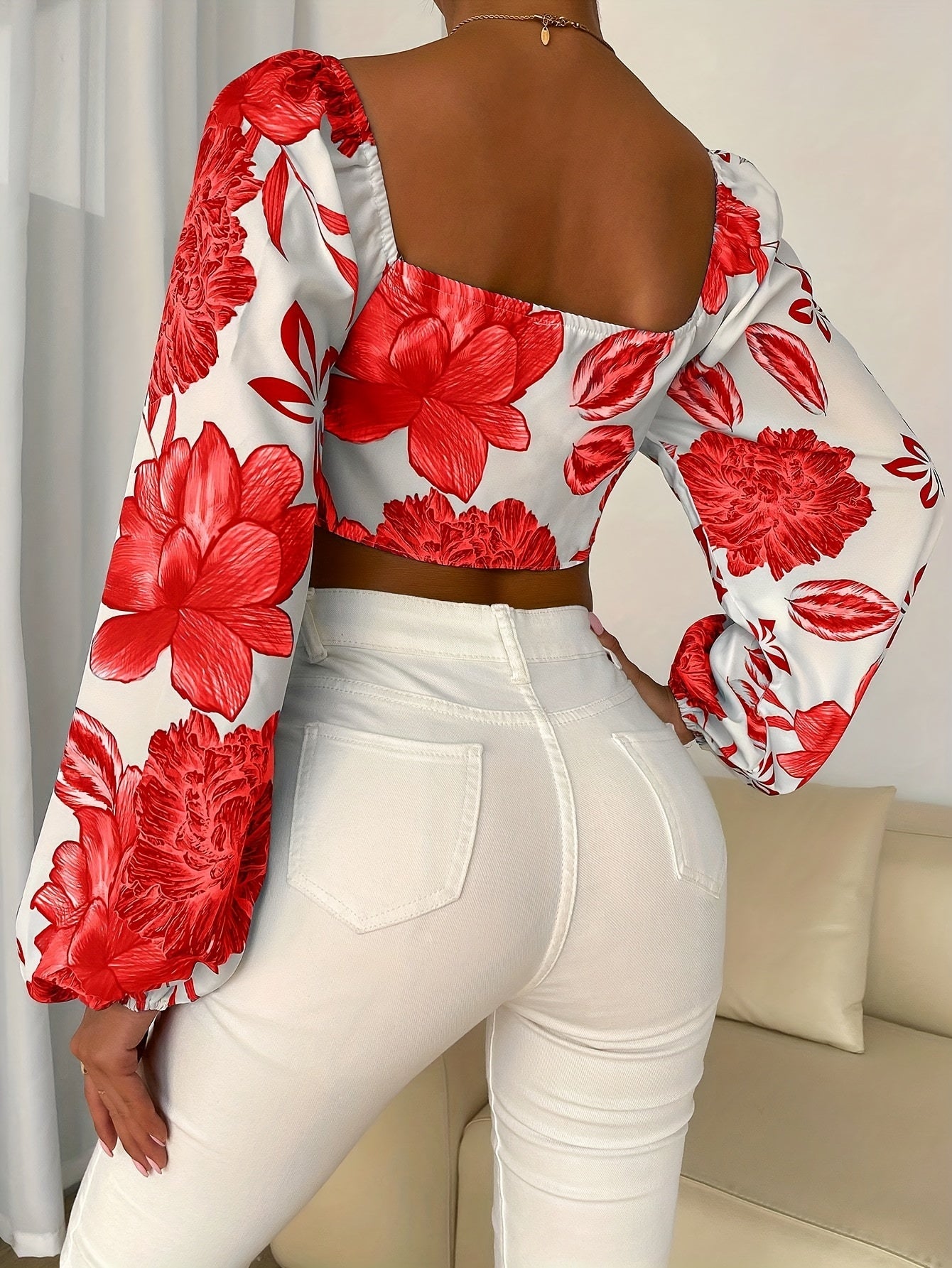 vlovelaw Floral Print Knot Front Blouse, Elegant Lantern Sleeve Crop Top, Women's Clothing