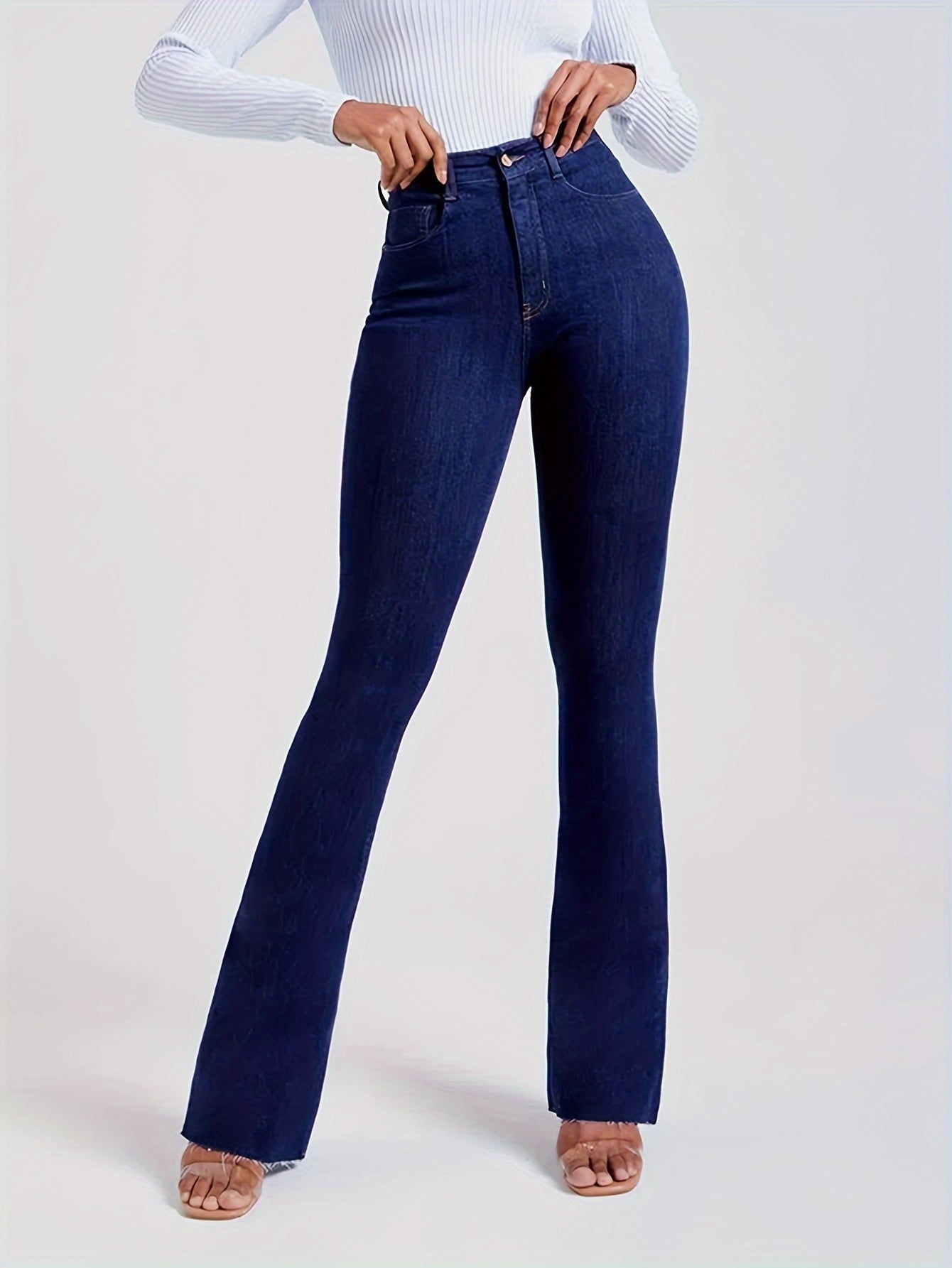 vlovelaw Solid Color Butt Lifting Flare Jeans For Women, Vintage Stretchy Zip Up Bootcut Pants, Women's Denim Jeans & Clothing