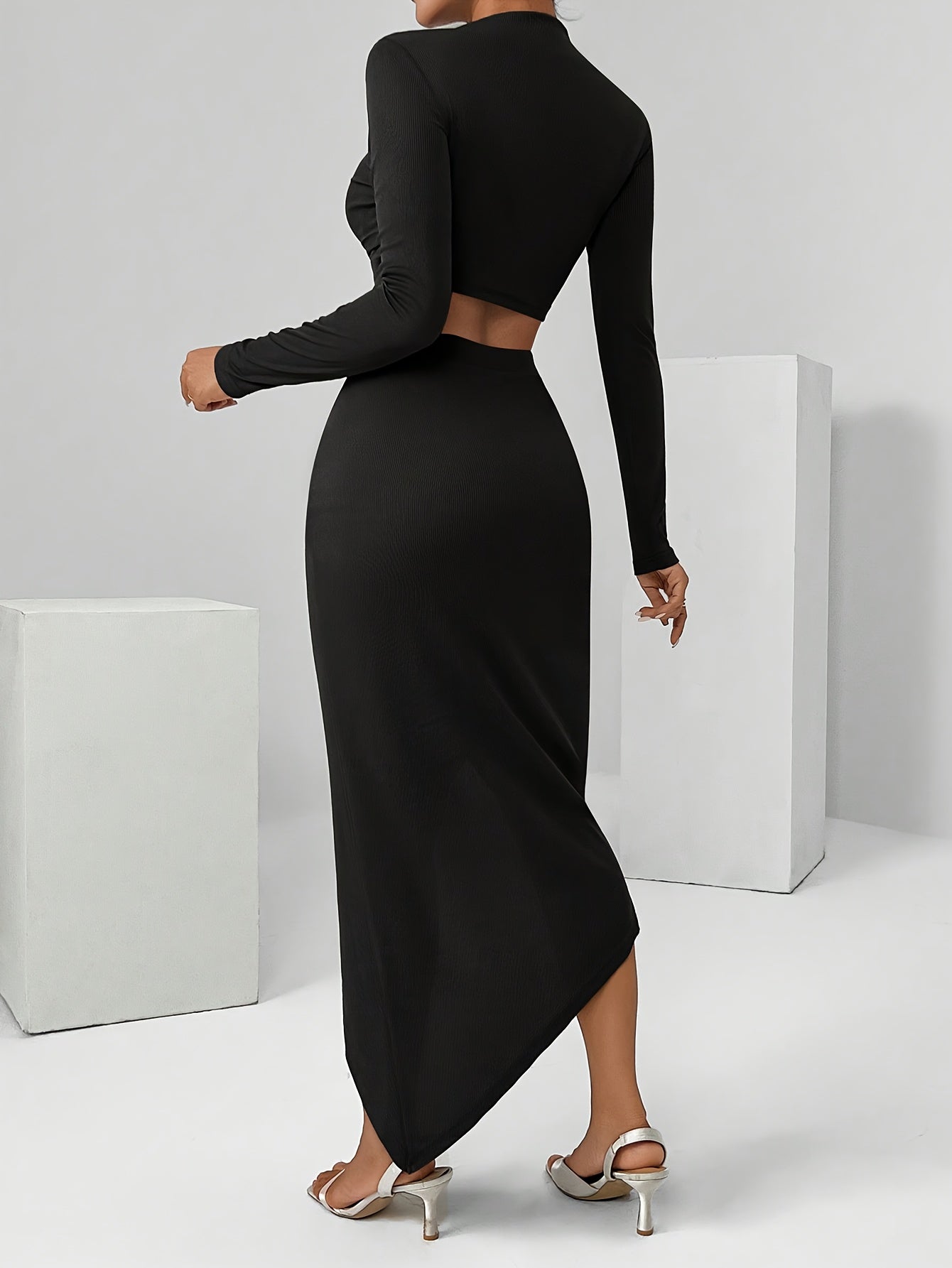 vlovelaw Solid Ruched Two-piece Set, Casual Long Sleeve Crop T-shirt & Bodycon Asymmetrical Skirt Outfits, Women's Clothing