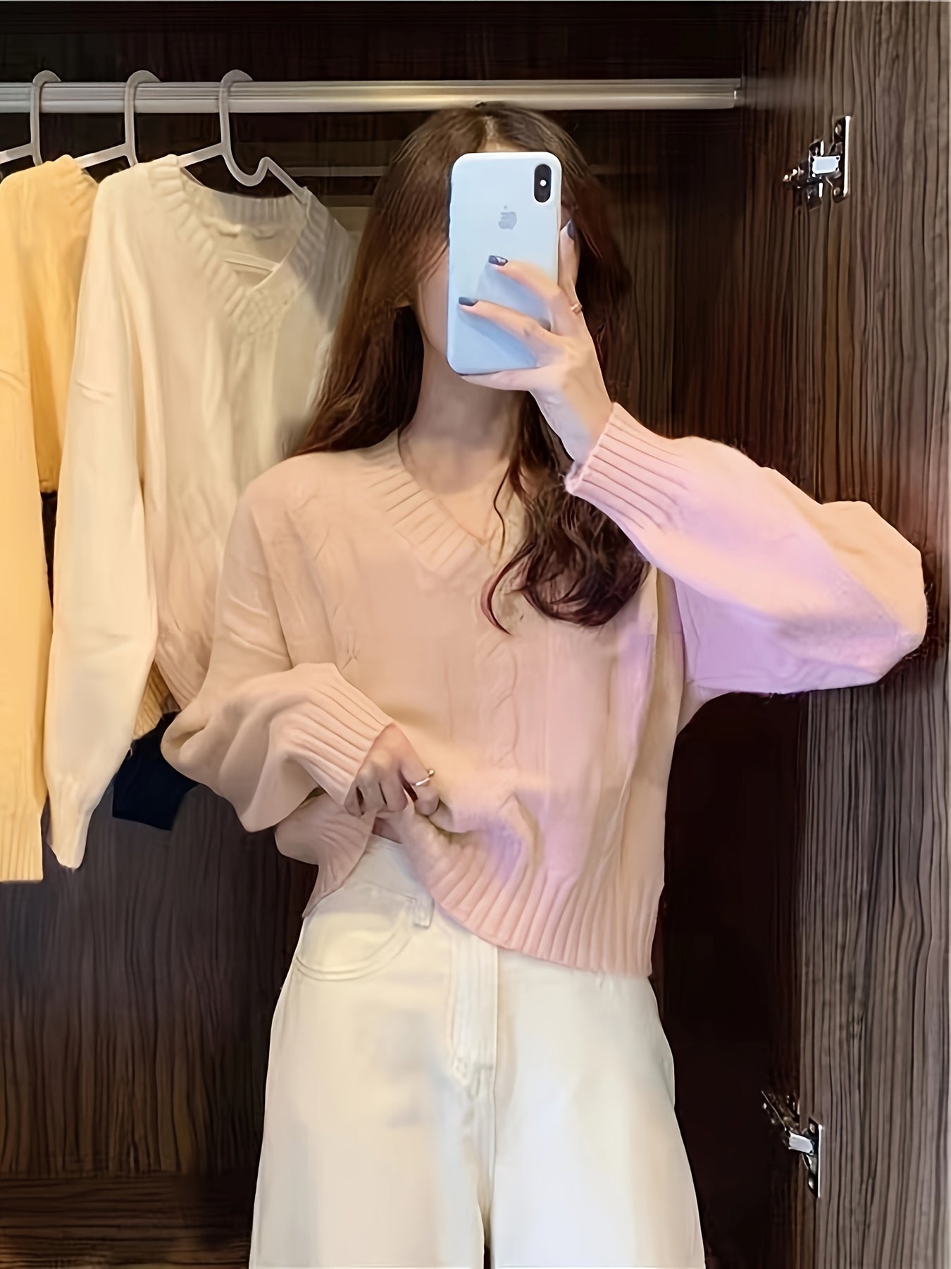 vlovelaw Solid V Neck Cable Knit Sweater, Casual Long Sleeve Pullover Sweater, Women's Clothing