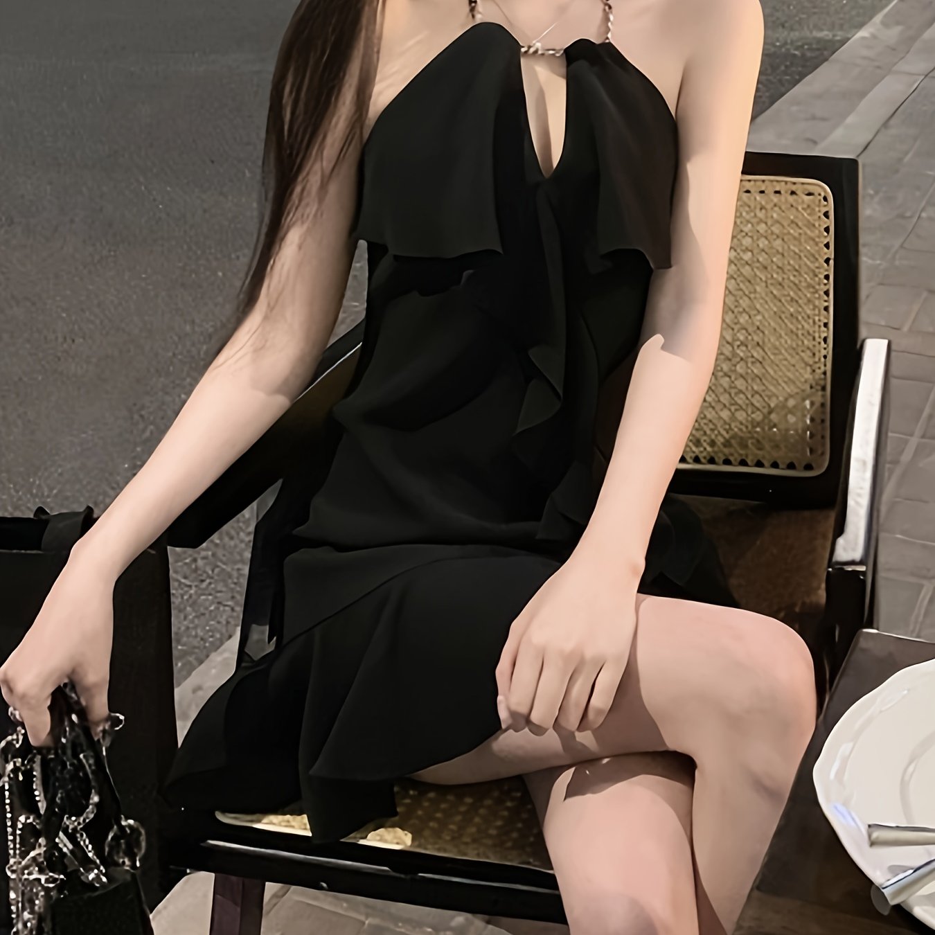 vlovelaw Ruffle Halter Ruffle Dress, Solid Sleeveless Backless Dress For Summer, Women's Clothing