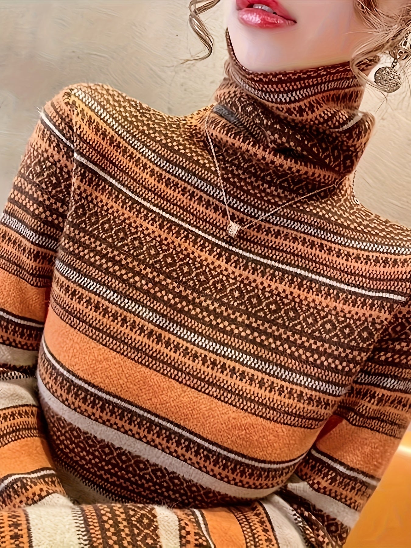 vlovelaw Stripes Print Turtle Neck Pullover Sweater, Elegant Long Sleeve Knitted Sweater For Fall & Winter, Women's Clothing