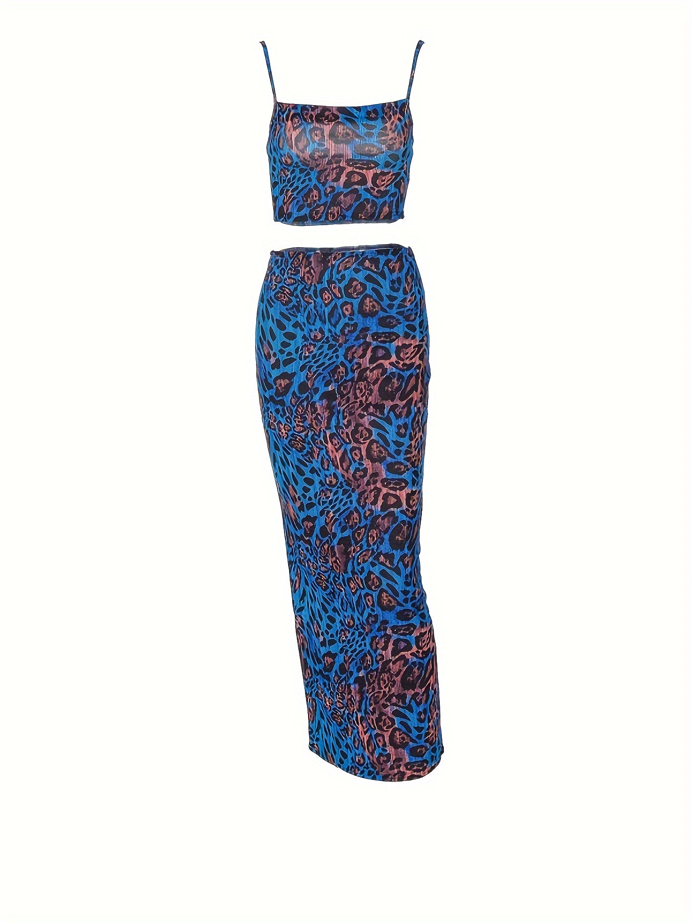 vlovelaw Y2K Leopard Print Two-piece Set, Crop Sleeveless Cami Top & Slim Long Skirt Outfits, Women's Clothing