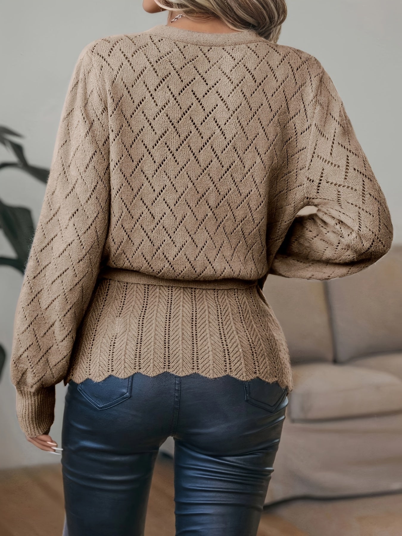 vlovelaw Solid Surplice Neck Pointelle Knit Sweater, Casual Long Sleeve Tie Loose Sweater, Women's Clothing