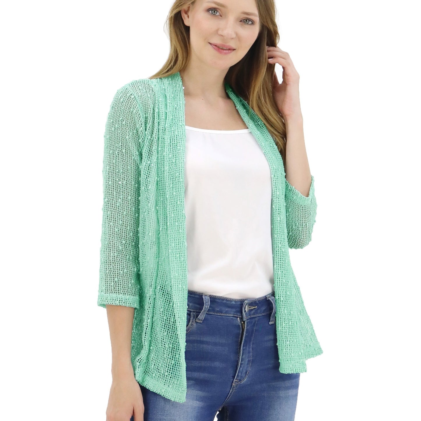 vlovelaw V-neck Mesh Slim Cardigans, Boho Casual 3/4 Sleeve Crochet Crop Cardigan, Women's Clothing