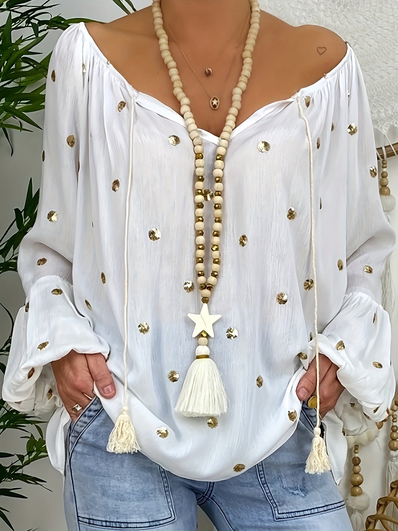 vlovelaw Sequin Off Shoulder Drawstring Shirt, Boho Long Sleeve Pullover Shirt For Spring & Fall, Women's Clothing
