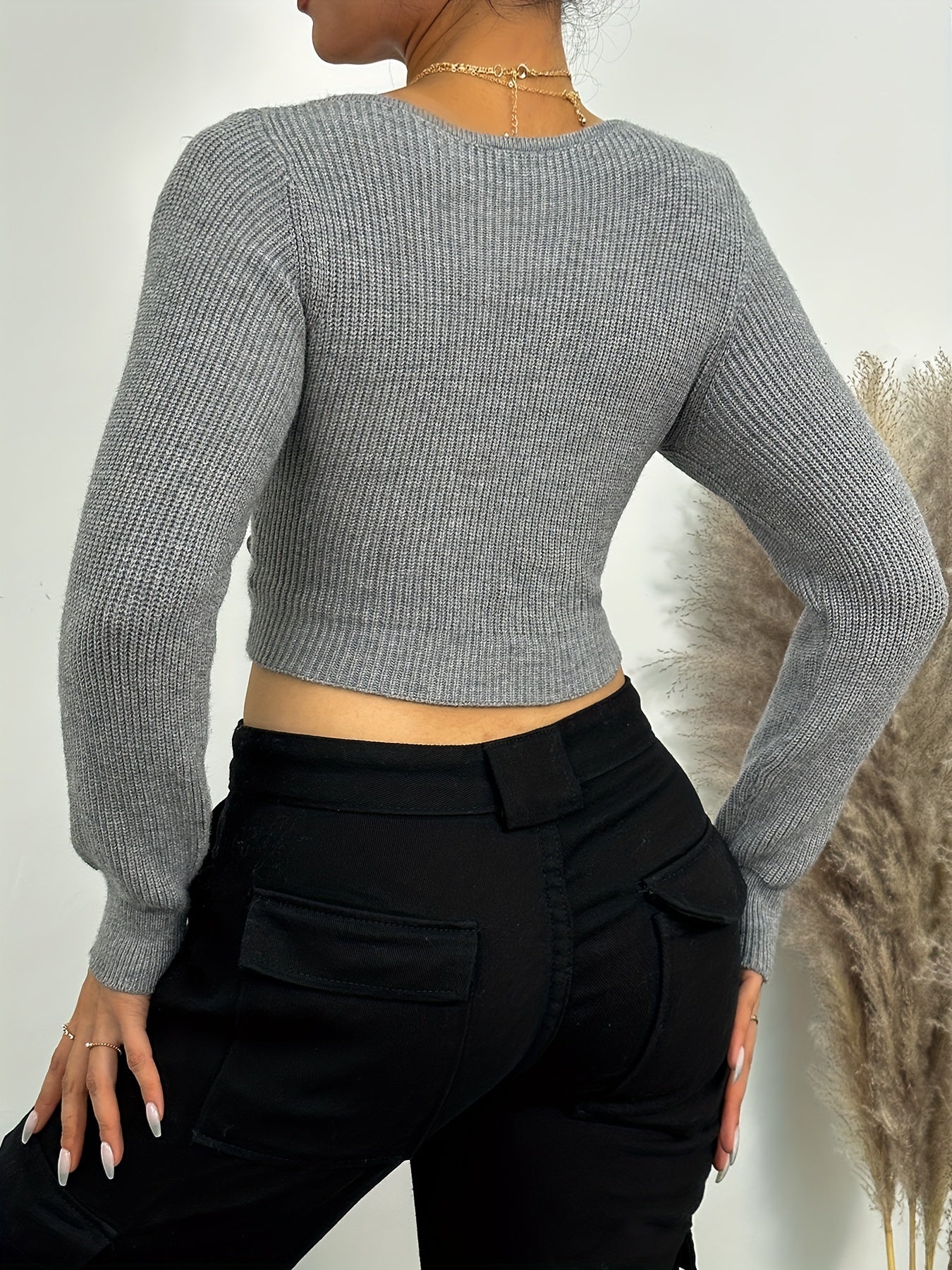 Slim Notched Neck Knit Sweater, Casual Solid Long Sleeve Sweater, Women's Clothing