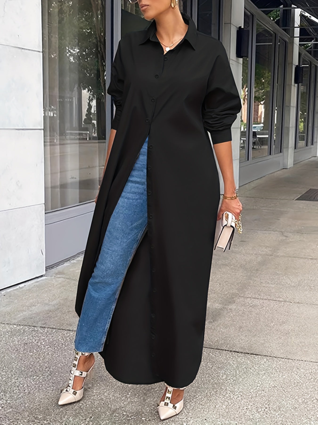 Button Front Long Length Shirt, Casual Solid Long Sleeve Shirt, Women's Clothing