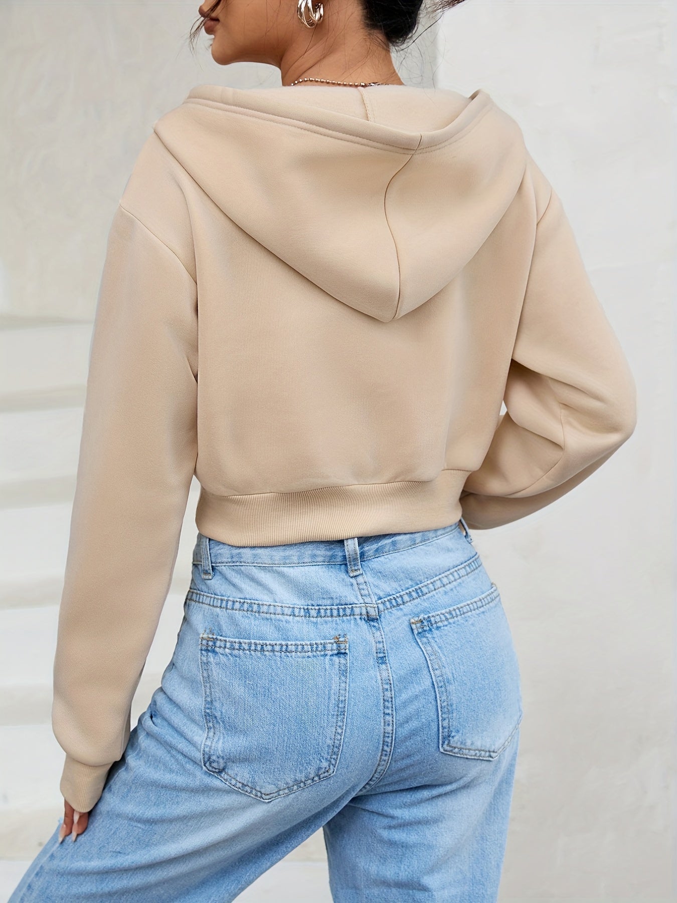 Solid Half Zip Crop Hoodie, Casual Long Sleeve Drawstring Hoodies Sweatshirt, Women's Clothing