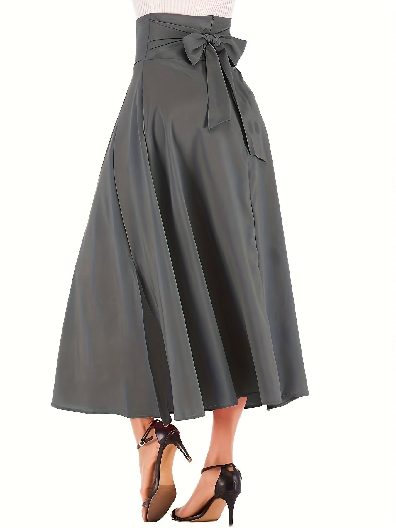 Plus Size Casual Skirt, Women's Plus Solid High Rise Belted Zipper Back A-line Skirt