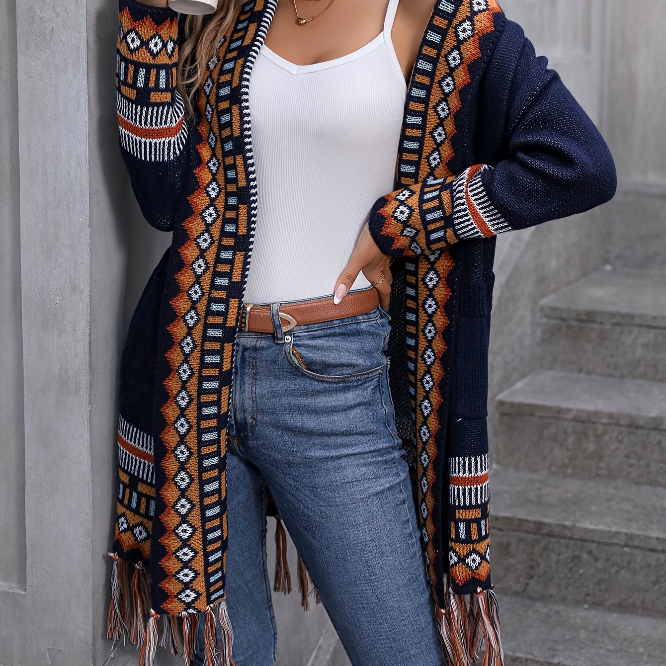 Ethnic Pattern Tassel Trim Knit Cardigan, Vintage Open Front Long Sleeve Pocket Sweater, Women's Clothing