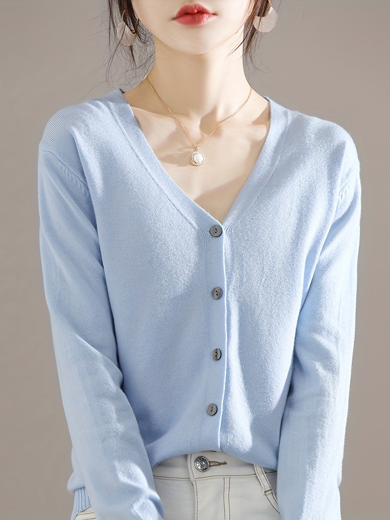 Elegant V-neck Solid Cardigan, Long Sleeve Cardigan For Spring & Fall, Women's Clothing