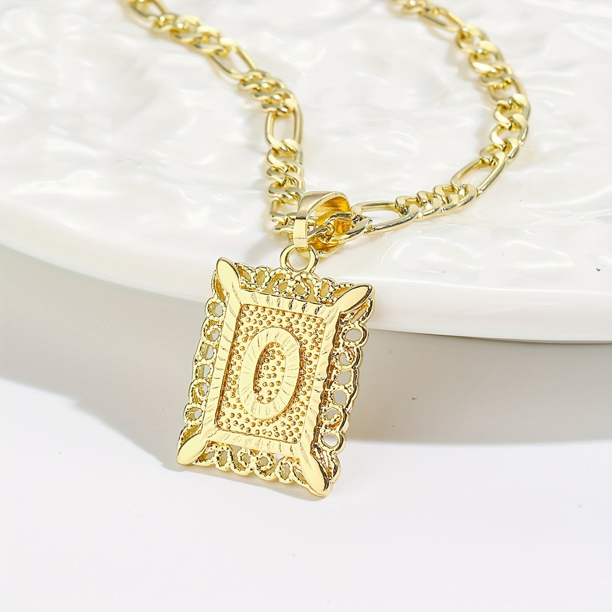 18K Gold Plated Square Monogram Pendant Necklace - Fashionable Personalized Alphabet Letter A-Z Figaro Chain Necklace for Men and Women - Copper Material, No Magnetic, No Mosaic, Plating-Free, Stylish Jewelry for Any Occasion