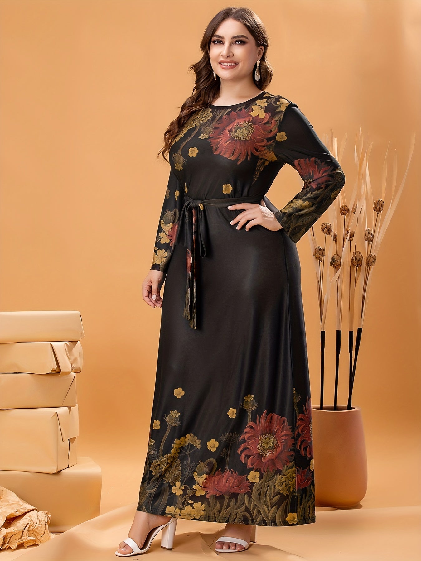 Plus Size Elegant Dress, Women's Plus Floral Print Long Sleeve Round Neck Maxi Dress With Belt