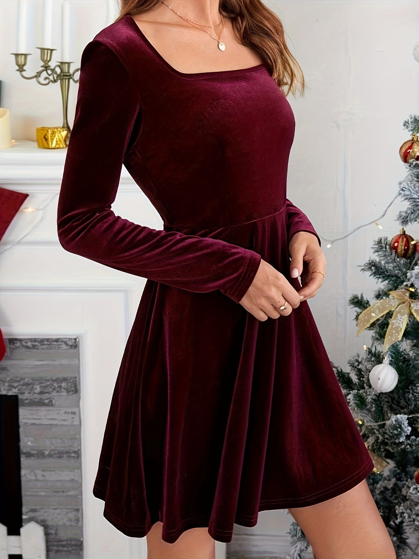 Solid Squared Neck Mini Dress, Elegant Long Sleeve Party Dress, Women's Clothing