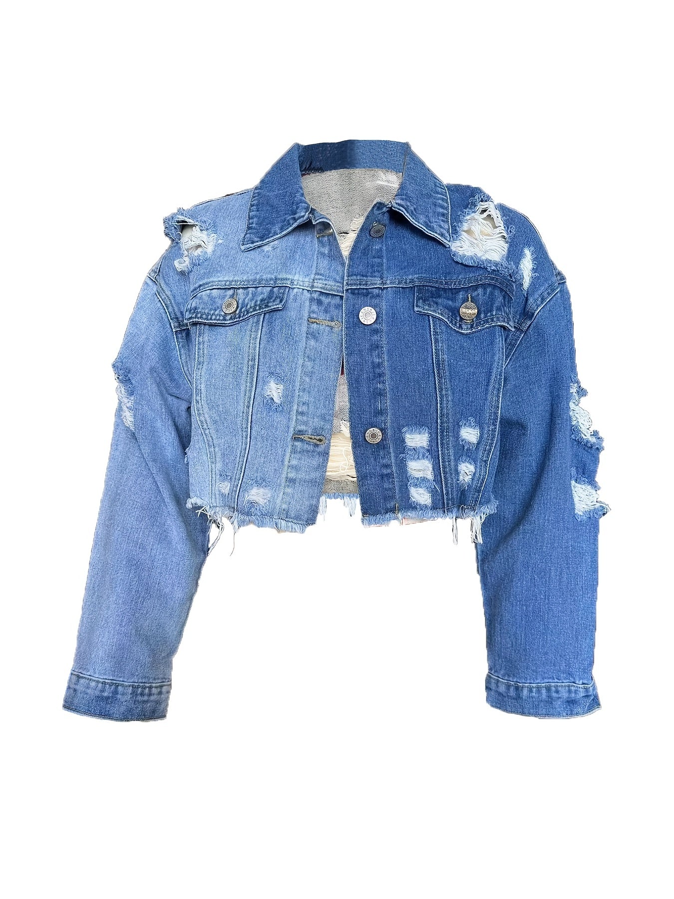 Ripped Color Block Cropped Denim Jacket, Distressed Vintage Style Single-Breasted Long Sleeve Denim Coat, Women's Denim Jeans & Clothing
