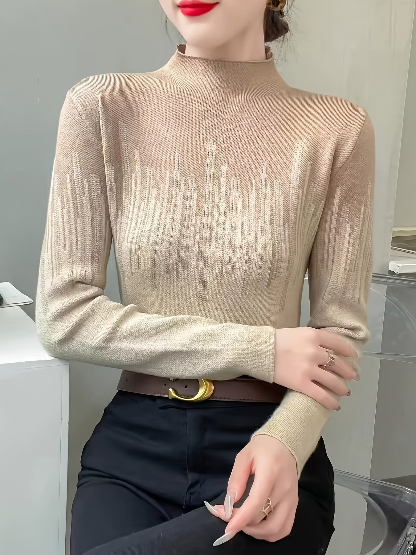 Color Block Mock Neck Pullover Sweater, Elegant Long Sleeve Slim Fashion Sweater, Women's Clothing