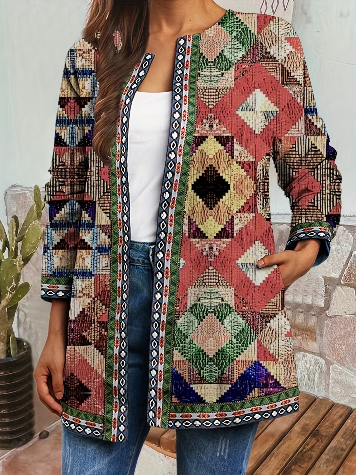 Ethnic Print Open Front Jacket, Vintage Long Sleeve Crew Neck Outerwear, Women's Clothing